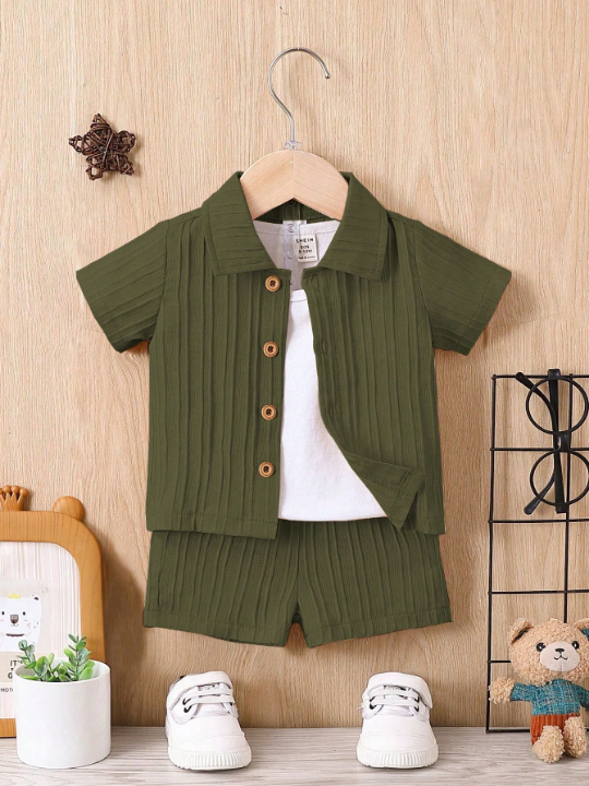 Baby Boy Solid Button Front Shirt & Shorts Without Tee