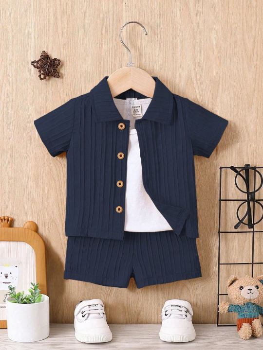 Baby Boy Button Front Shirt & Shorts Without Tee