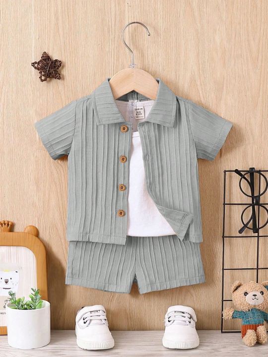 Baby Boy Solid Button Front Shirt & Shorts Without Tee