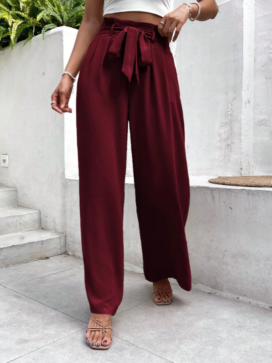 Frenchy Solid Belted Wide Leg Pants