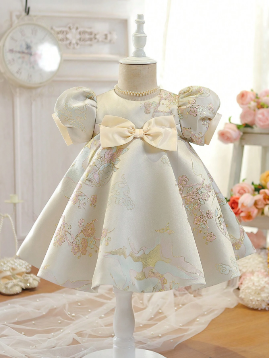 Baby Girl Floral Print Bow Front Puff Sleeve Party Dress