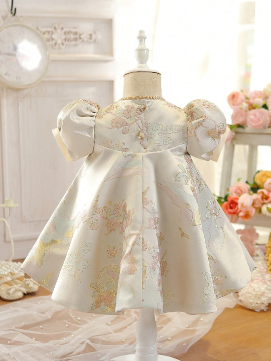 Baby Girl Floral Print Bow Front Puff Sleeve Party Dress