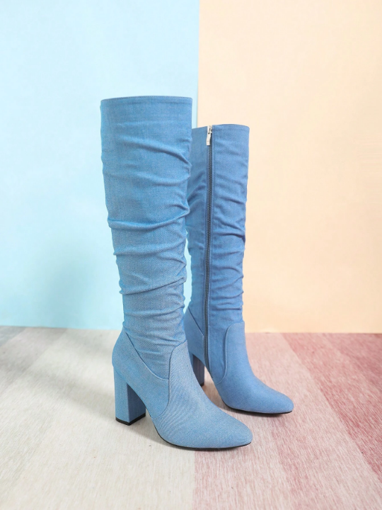 Women Random Ruched Detail Point Toe Chunky Heeled Boots, Fashion Blue Denim Classic Boots