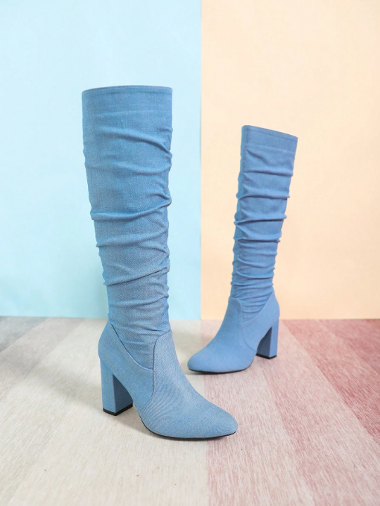 Women Random Ruched Detail Point Toe Chunky Heeled Boots, Fashion Blue Denim Classic Boots