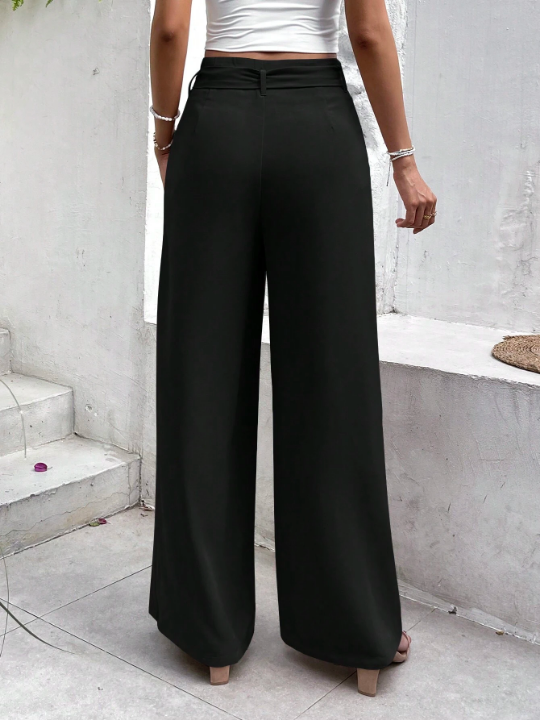 Frenchy Solid Belted Wide Leg Black Straight Bow TiePants