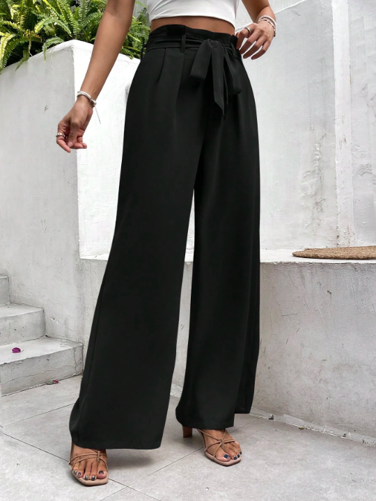 Frenchy Solid Belted Wide Leg Black Straight Bow TiePants