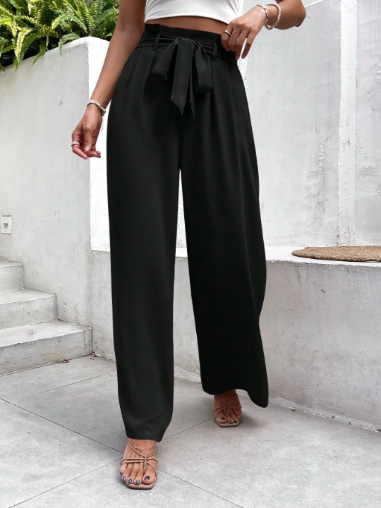 Frenchy Solid Belted Wide Leg Black Straight Bow TiePants