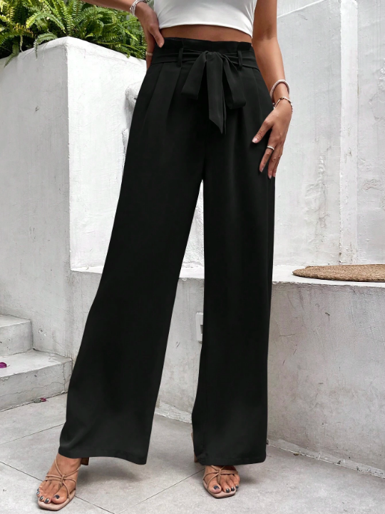 Frenchy Solid Belted Wide Leg Black Straight Bow TiePants