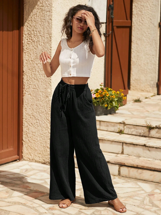 Frenchy Drawstring Waist Wide Leg Pants