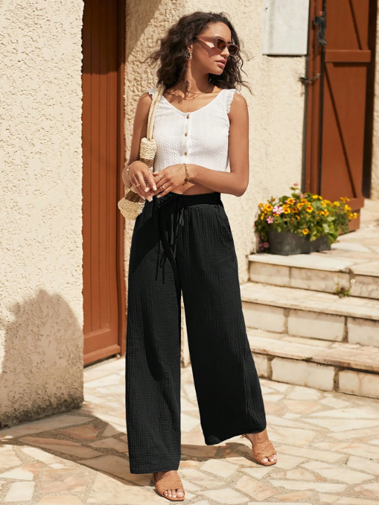 Frenchy Drawstring Waist Wide Leg Pants