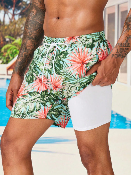 Manfinity Swimmode Men's Tropical Printed Drawstring Waist Beach Shorts