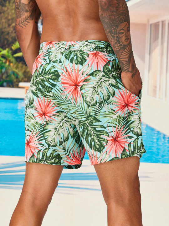 Manfinity Swimmode Men's Tropical Printed Drawstring Waist Beach Shorts