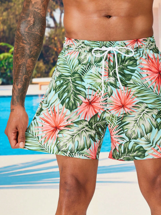 Manfinity Swimmode Men's Tropical Printed Drawstring Waist Beach Shorts