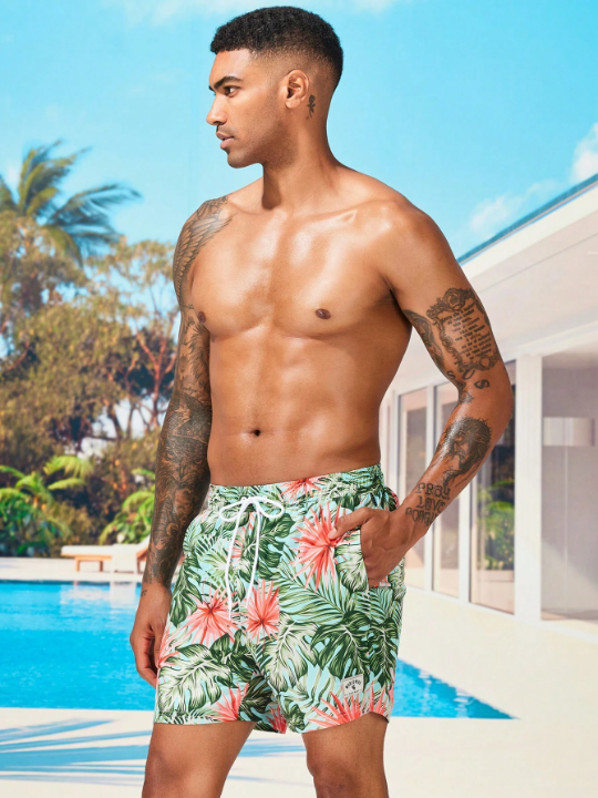 Manfinity Swimmode Men's Tropical Printed Drawstring Waist Beach Shorts