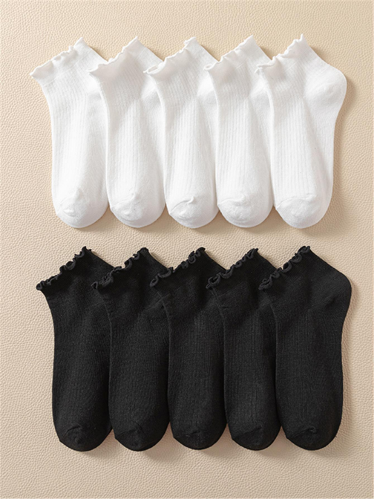 10pairs Women Solid Ruffle Trim Casual Socks For Daily Life