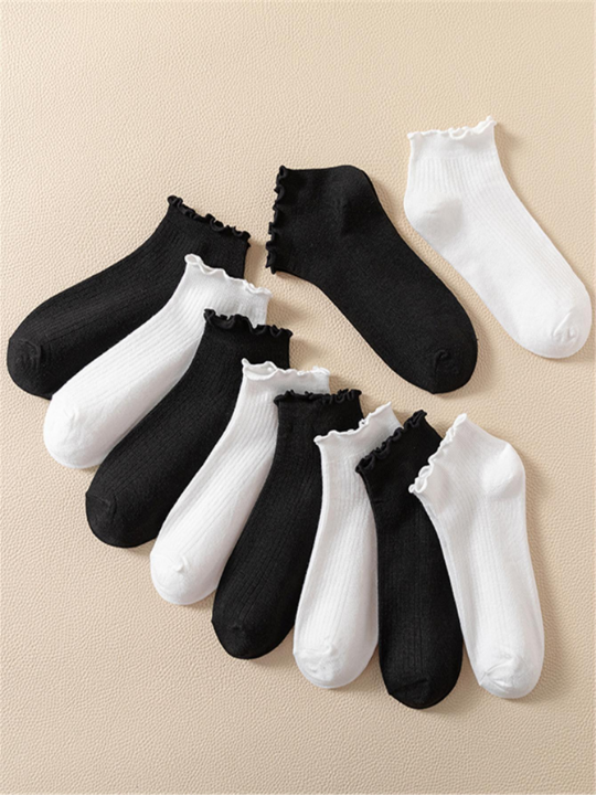 10pairs Women Solid Ruffle Trim Casual Socks For Daily Life