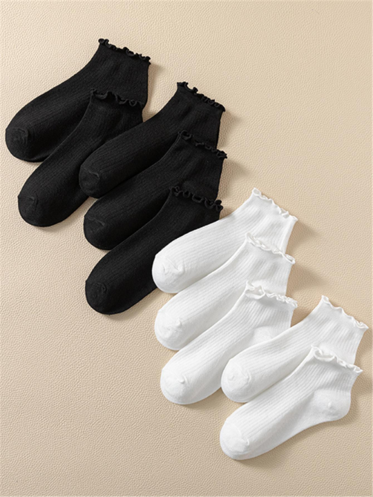 10pairs Women Solid Ruffle Trim Casual Socks For Daily Life