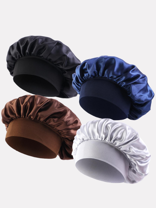 4 Top Men Solid Color Pleated Fashion Nightcap Hair Caps