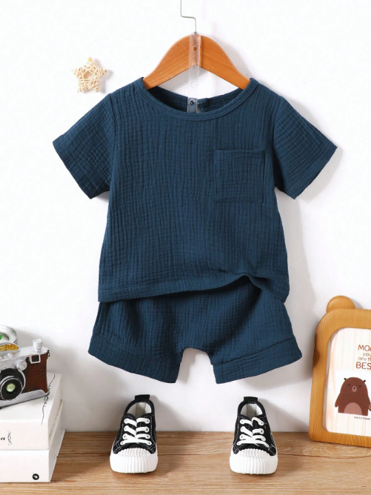 Baby Boy Solid Pocket Patched Top & Shorts Set