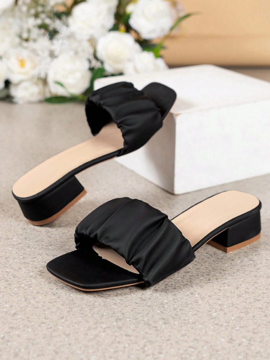 Women Ruched Detail Chunky Heeled Sandals, Elegant Black Mule Sandals For Summer