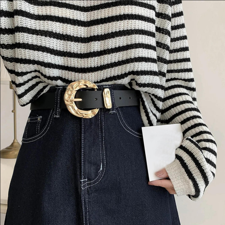 Textured Metal Buckle Belt PU Belt for Jeans Pants