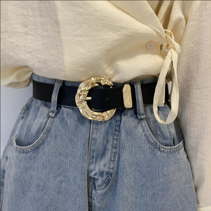 Textured Metal Buckle Belt PU Belt for Jeans Pants