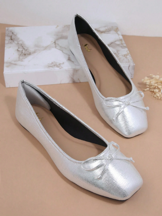 Metallic Bow Decor Square Toe Ballet Flats