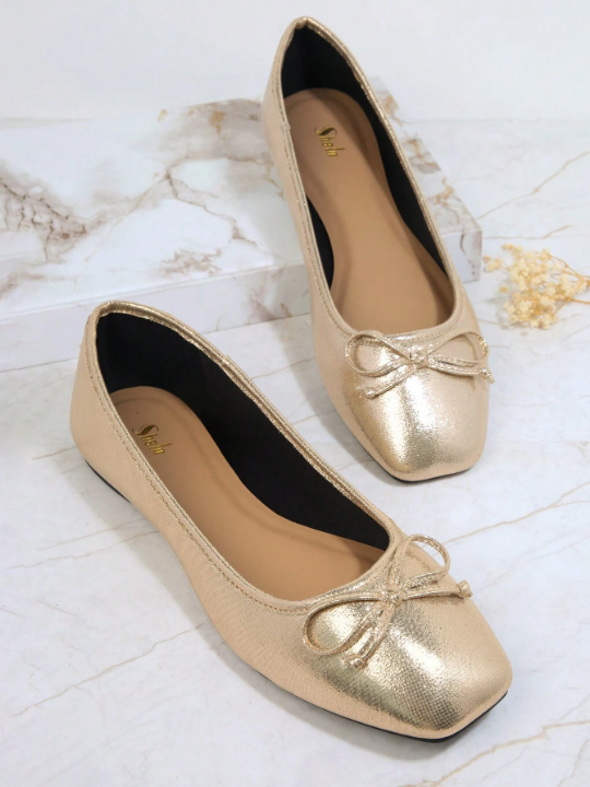 Metallic Bow Decor Square Toe Ballet Flats