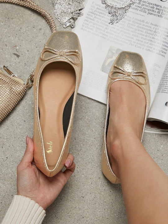 Metallic Bow Decor Square Toe Ballet Flats