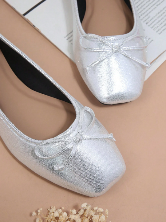 Metallic Bow Decor Square Toe Ballet Flats