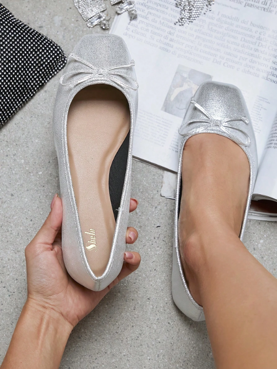 Metallic Bow Decor Square Toe Ballet Flats