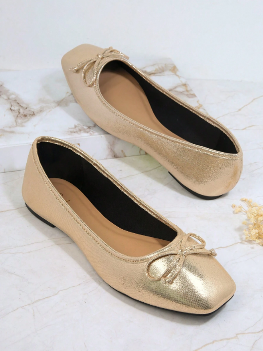 Metallic Bow Decor Square Toe Ballet Flats