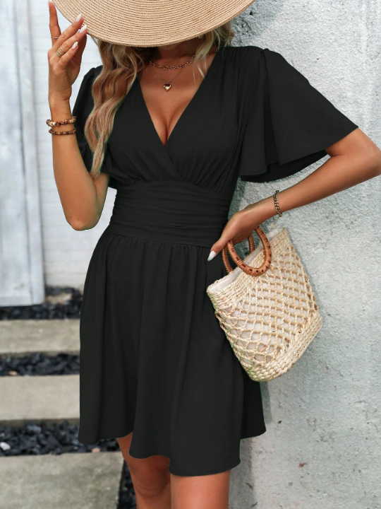 Plunging Neck Butterfly Sleeve Dress