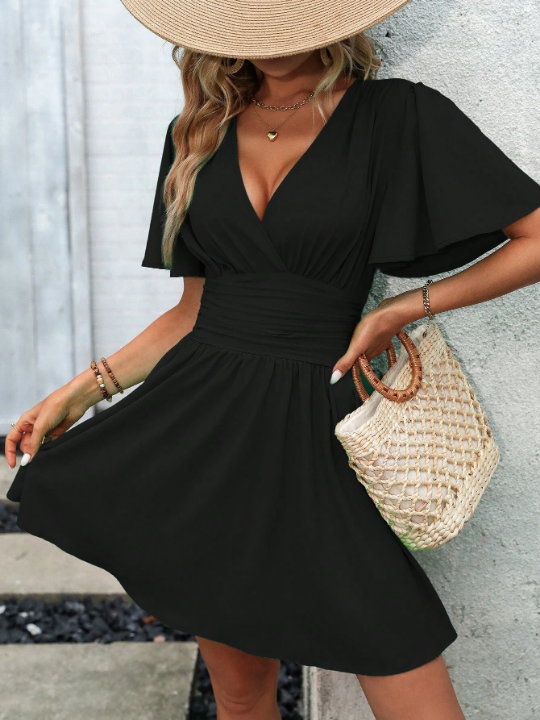 Plunging Neck Butterfly Sleeve Dress