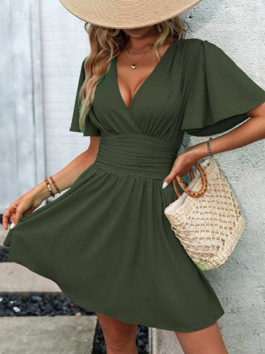 Butterfly Sleeve Ruched Waist Dress