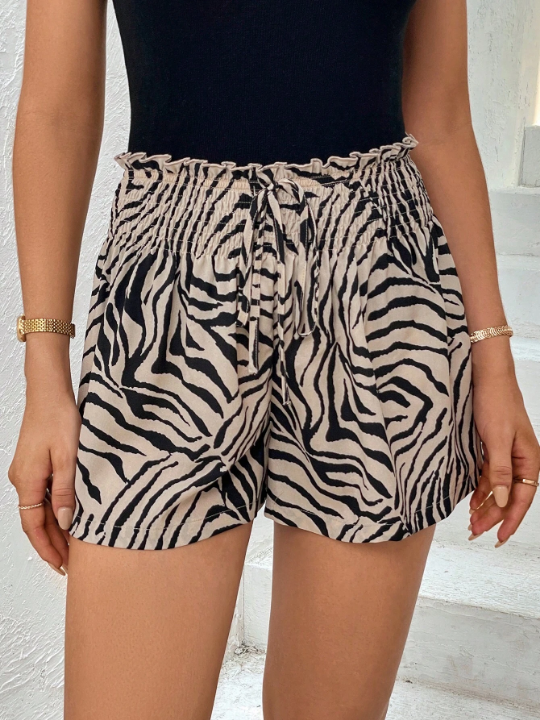 Priv Zebra Striped Paperbag Waist Knot Front Shorts