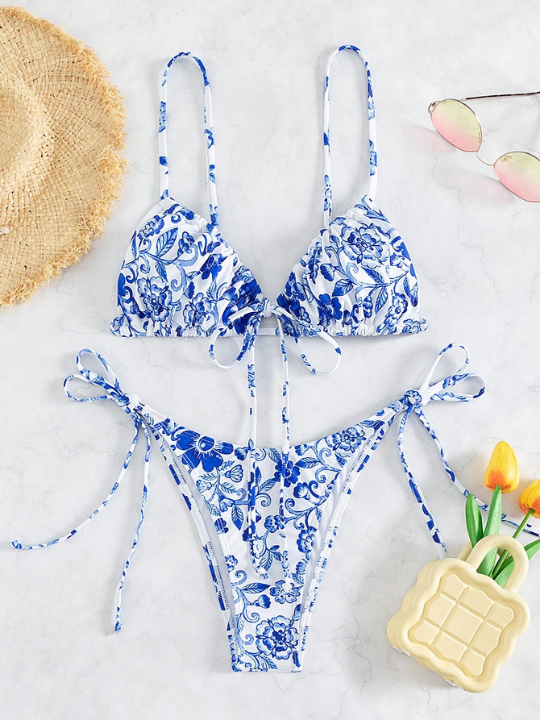 Swim BohoFeel Floral Print Frill Trim Tie Side Bikini Swimsuit