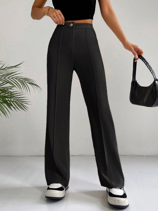 EZwear Solid High Waist Seam Detail Black Pants