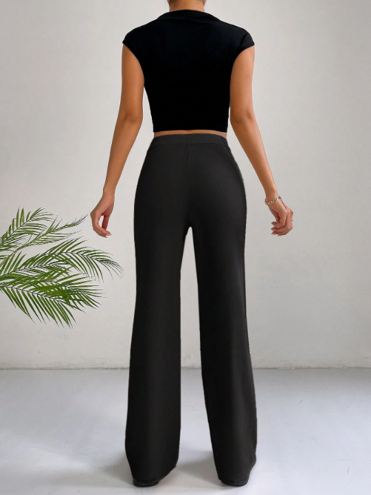 EZwear Solid High Waist Seam Detail Black Pants