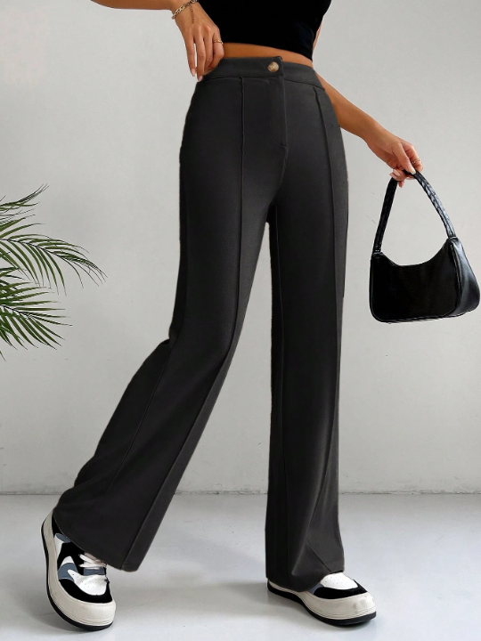 EZwear Solid High Waist Seam Detail Black Pants