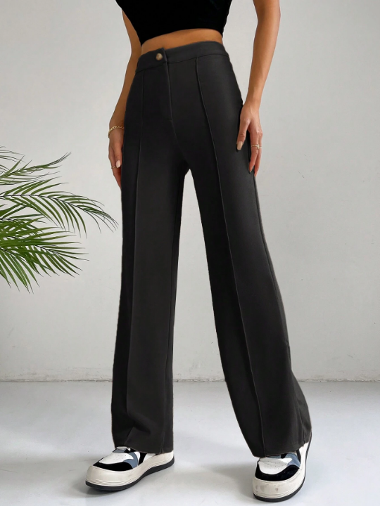 EZwear Solid High Waist Seam Detail Black Pants