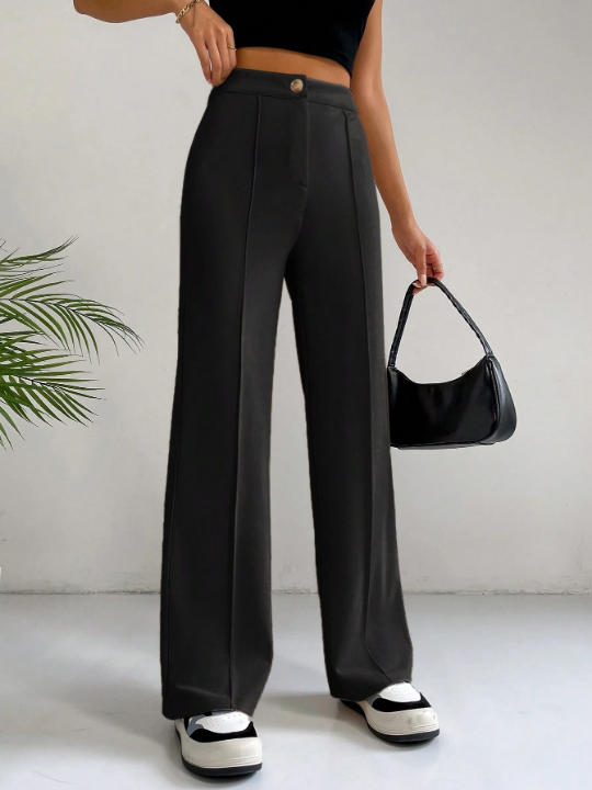 EZwear Solid High Waist Seam Detail Black Pants