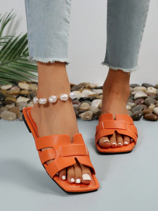 Women Snakeskin Embossed Hollow Out Design Flat Sandals, Funky Orange Slide Sandals For Summer