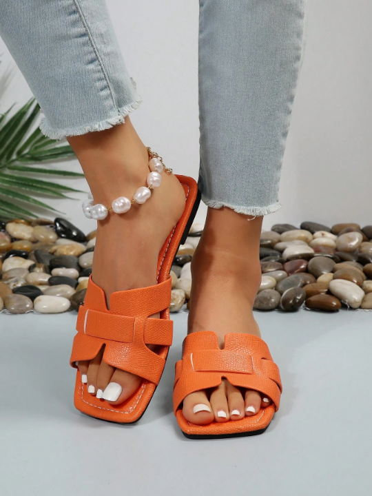 Women Snakeskin Embossed Hollow Out Design Flat Sandals, Funky Orange Slide Sandals For Summer