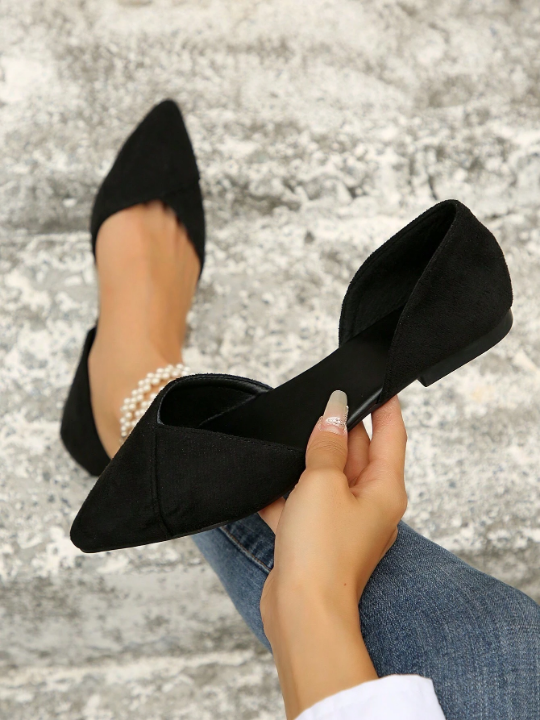 Women Black Flats, Elegant Point Toe Faux Suede Ballet Flats For Outdoor