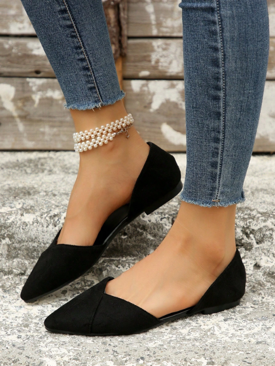 Women Black Flats, Elegant Point Toe Faux Suede Ballet Flats For Outdoor