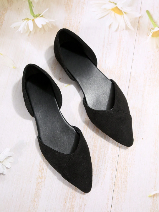 Women Black Flats, Elegant Point Toe Faux Suede Ballet Flats For Outdoor