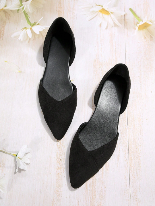 Women Black Flats, Elegant Point Toe Faux Suede Ballet Flats For Outdoor