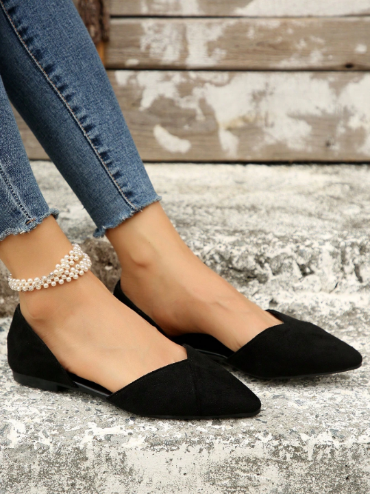 Women Black Flats, Elegant Point Toe Faux Suede Ballet Flats For Outdoor