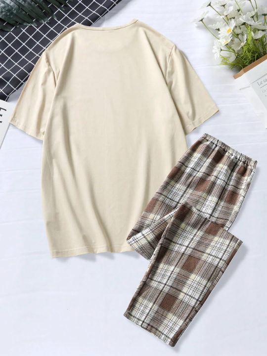 Men Slogan Graphic Tee & Plaid Pants PJ Set